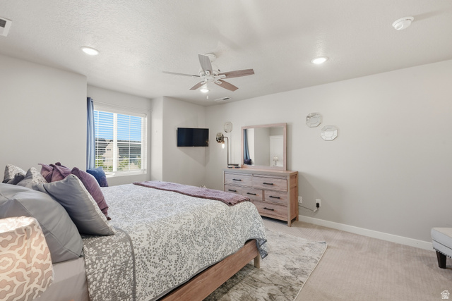 3244 West 1670th Street North Provo, UT 84601 - Photo 28 of 56 Bedroom featuring light gray walls, recessed lighting, a ceiling fan, and carpeted flooring