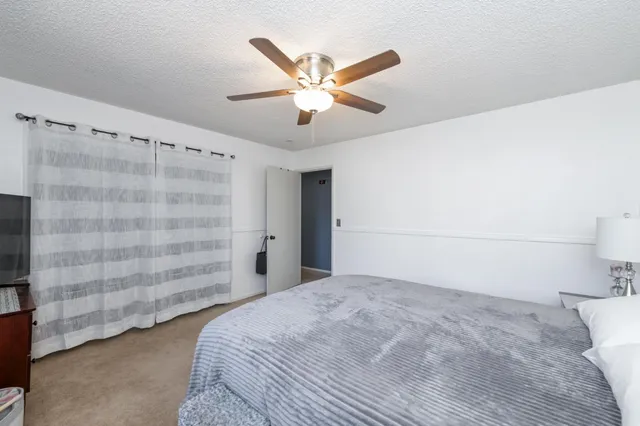 a bedroom with a bed and a ceiling fan