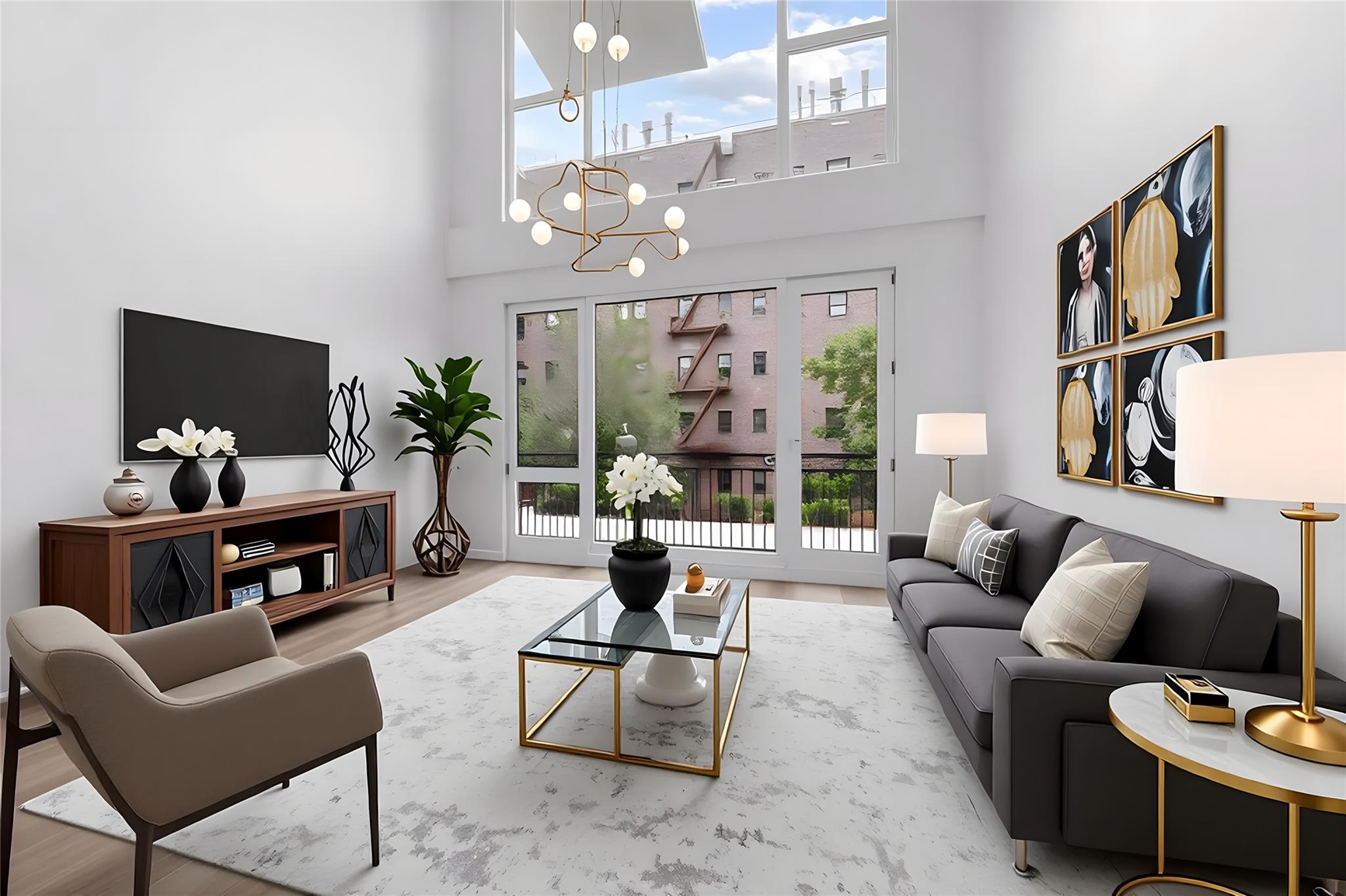 312 Fenimore Street Brooklyn, NY 11225 - Photo 2 of 37 Living room with a towering ceiling, a chandelier, and wood finished floors
