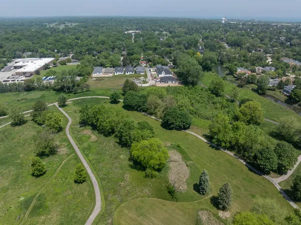 an aerial view of residential houses with outdoor space and trees