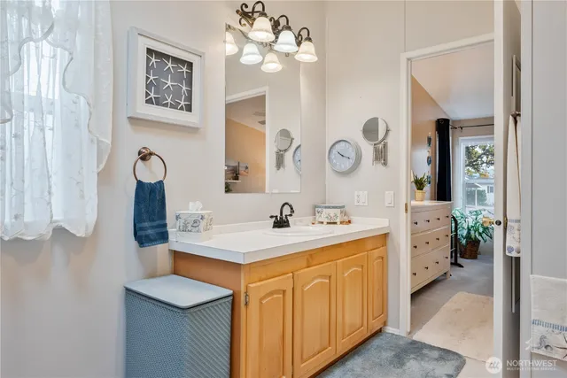 a bathroom with a sink vanity and mirror
