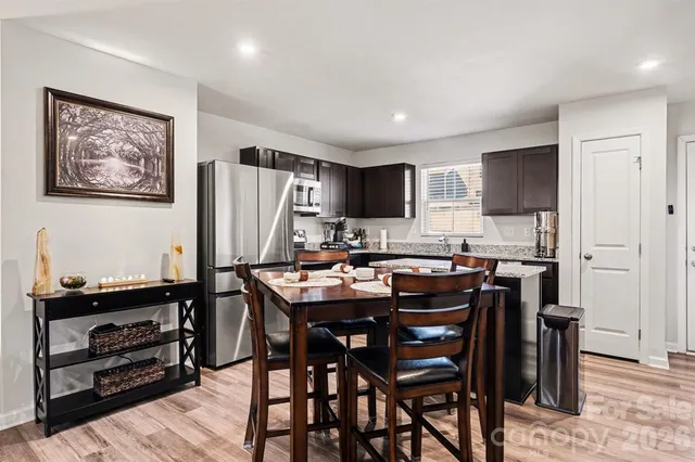 a view of a dining room with furniture