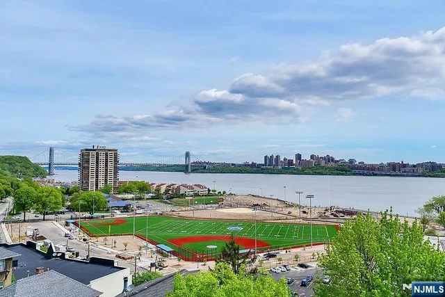 a view of a lake with a city view