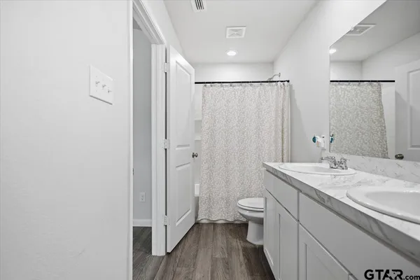 a bathroom with a double vanity sink toilet and shower