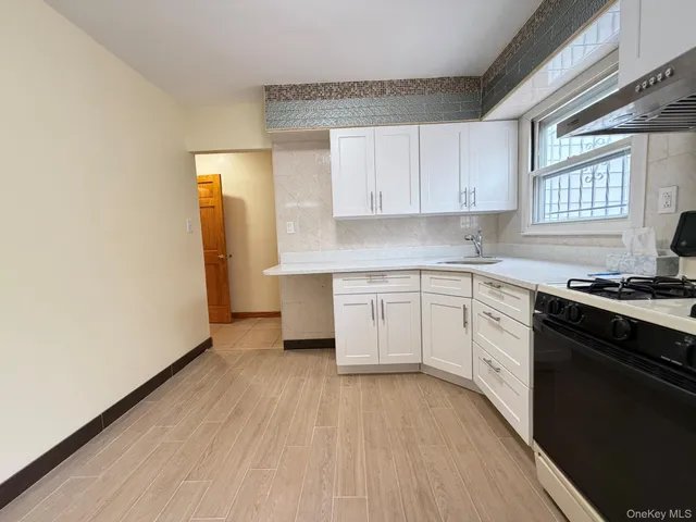 a kitchen with a sink cabinets stainless steel appliances and a window