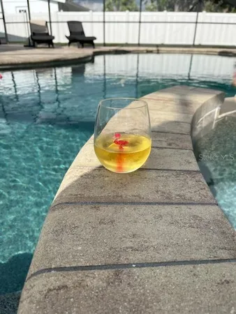 a view of a swimming pool with a lake view