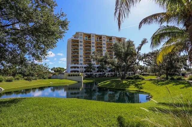 a view of a swimming pool with a yard and plants