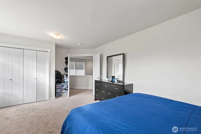 a bedroom with a bed and dresser