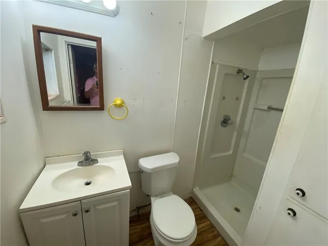 a bathroom with a toilet sink vanity and shower