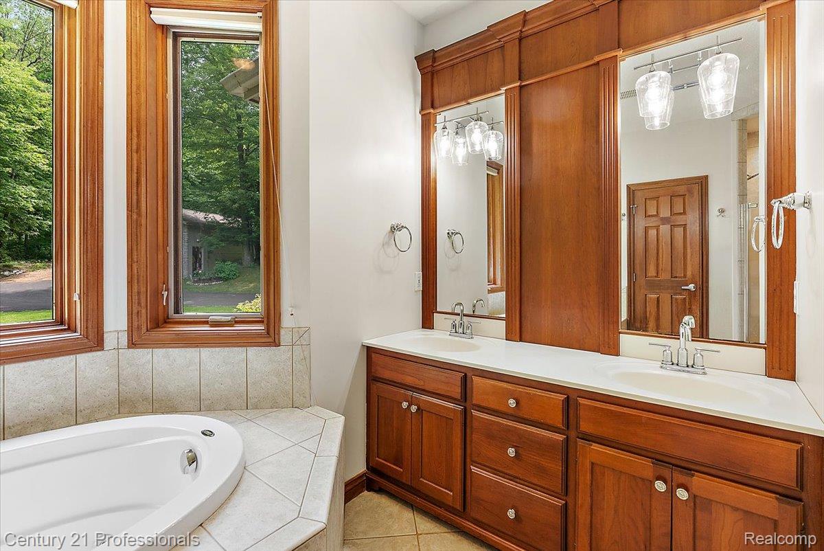 9867 Rainbow Ridge Drive Schoolcraft, MI 49087 - Photo 35 of 82 Dual vanity with wood cabinetry, integrated sinks, and clear glass light fixtures