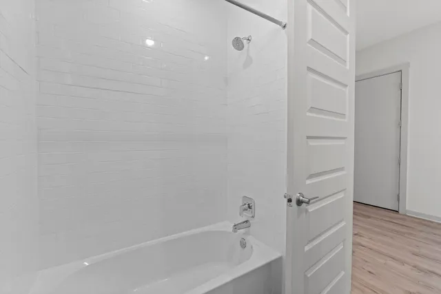 a bathroom with a bathtub