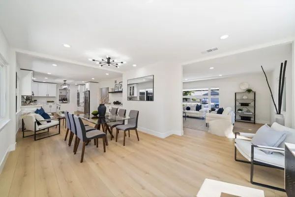 a view of a dining room with furniture and wooden floor