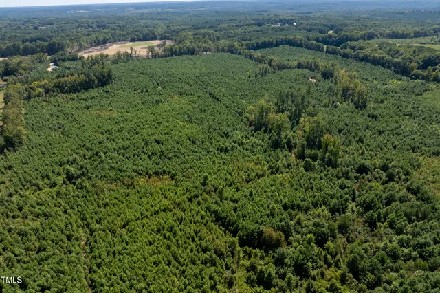 an aerial view of residential houses with outdoor space and trees