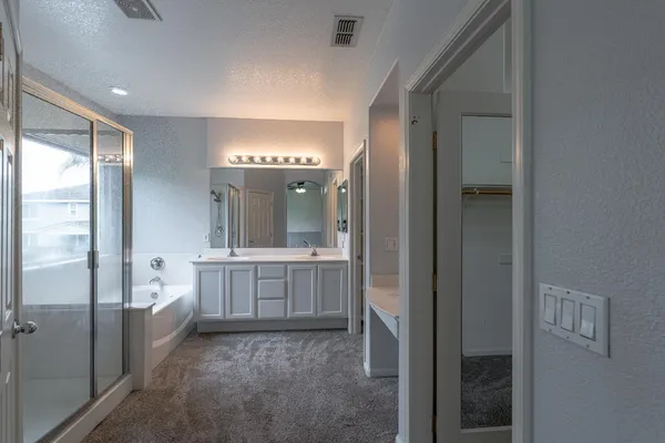 a bathroom with a double vanity sink mirror and shower