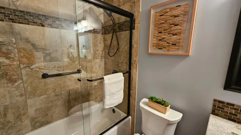 a bathroom with a shower and a toilet