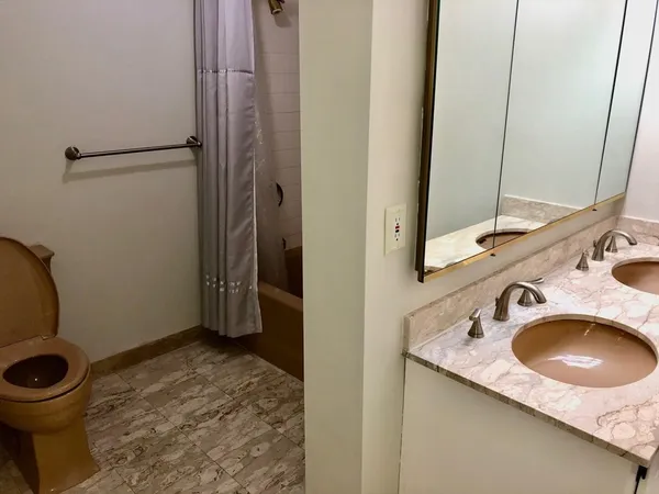 a bathroom with a sink a toilet and a mirror