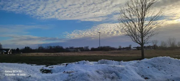 a view of a lake in between two of trees