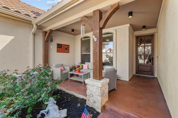 a front view of a house with patio