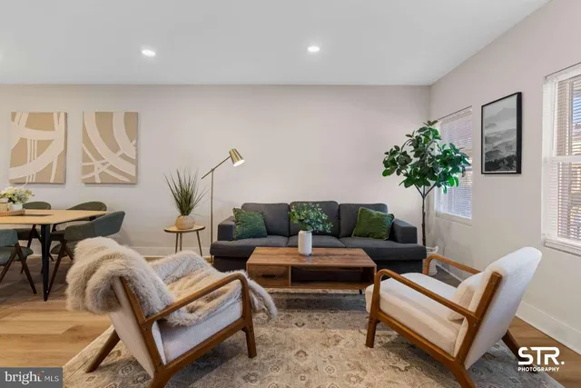 a living room with furniture and a potted plant