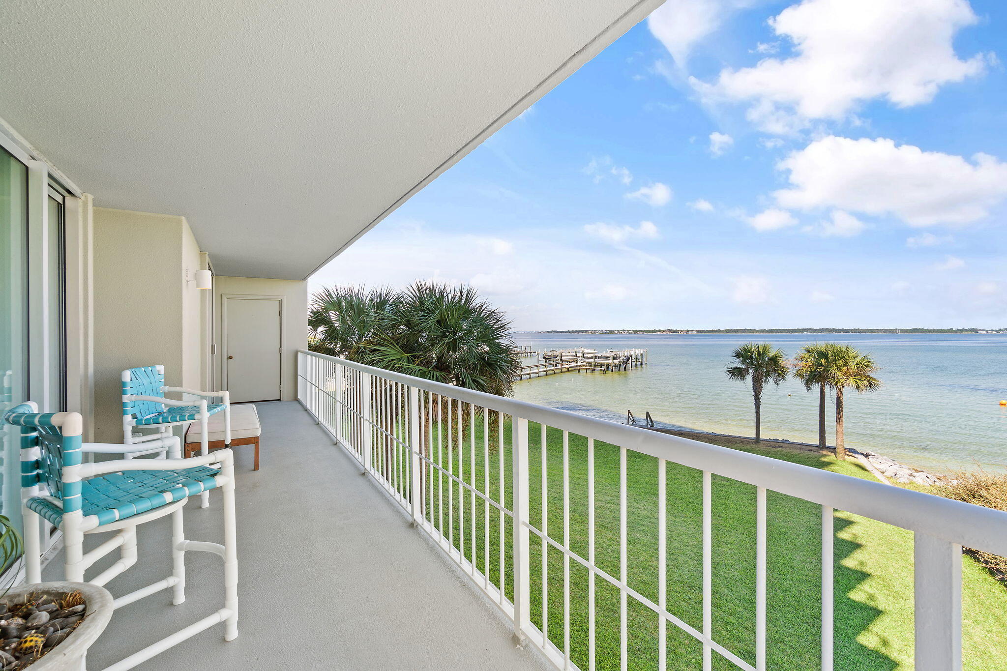 a balcony with view of lake