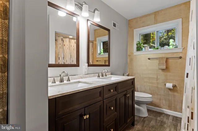 a bathroom with a double vanity sink toilet and a mirror