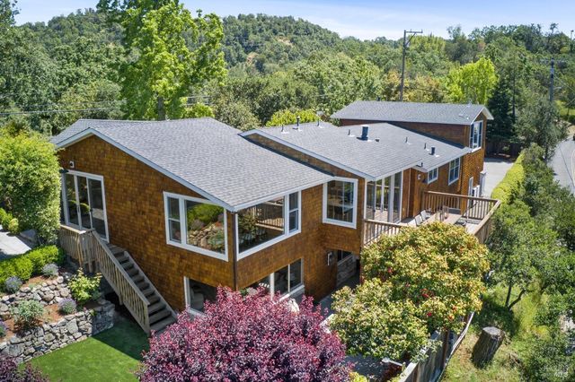 a aerial view of a house with a yard and potted plants