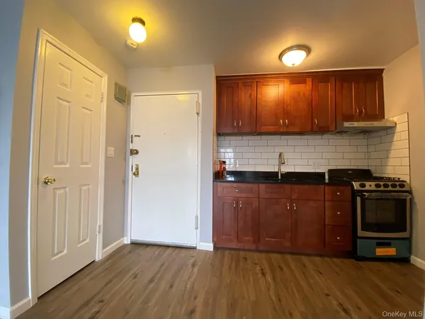 a kitchen with a refrigerator and a sink