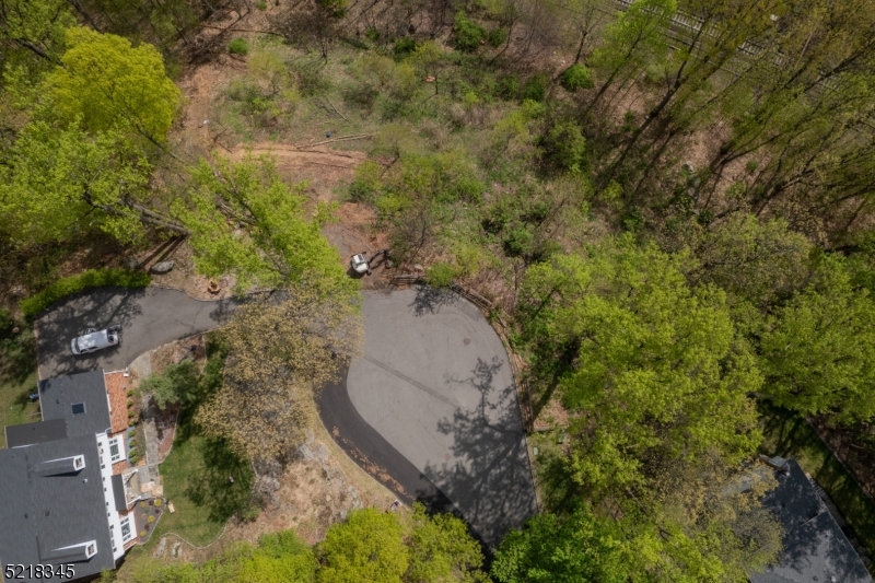 an aerial view of a house with a yard and large tree