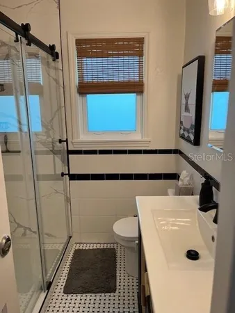 a bathroom with a sink a toilet and a mirror