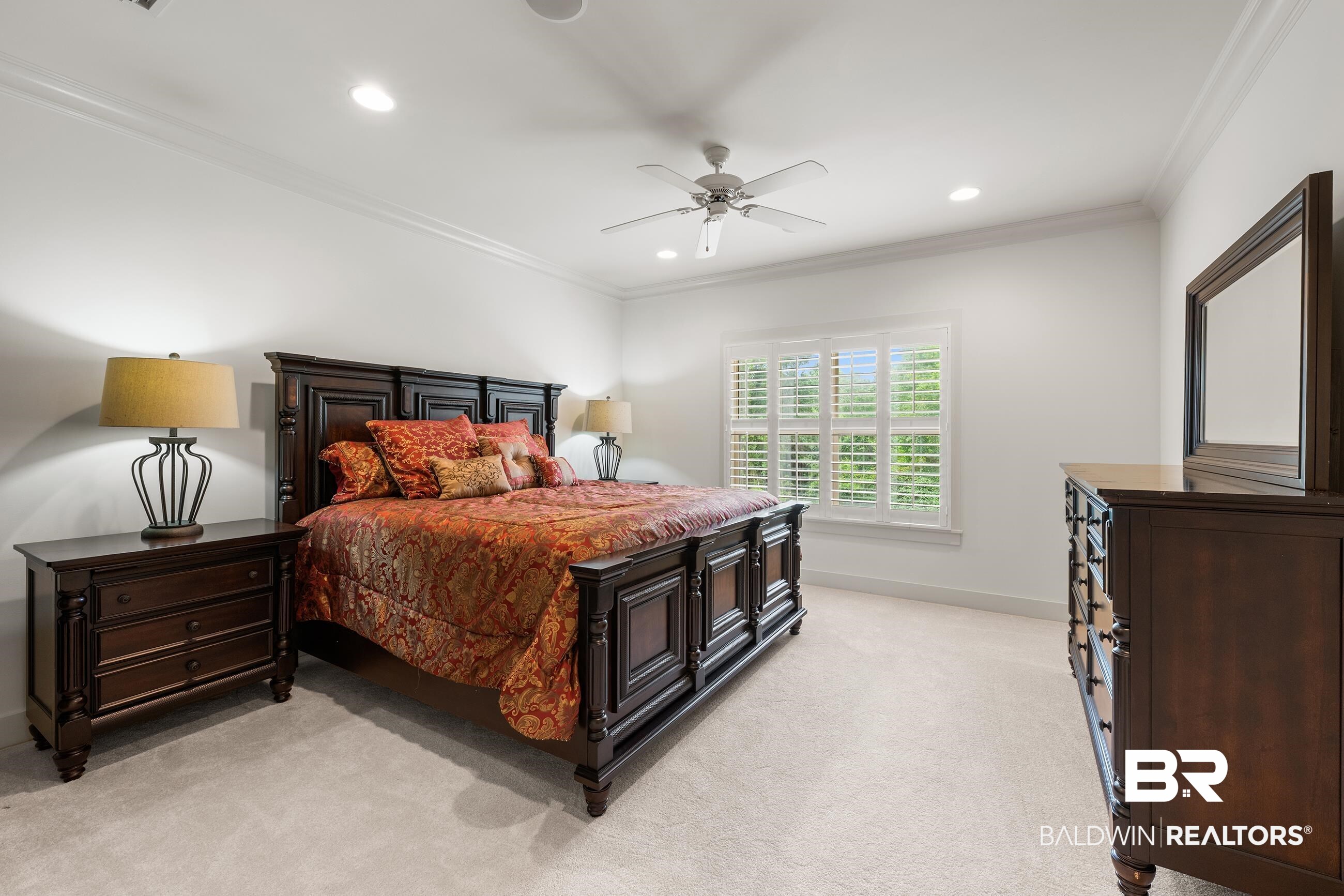 30463 Dolive Ridge Daphne, AL 36527 - Photo 55 of 58 Carpeted bedroom featuring crown molding, recessed lighting, white wood window shutters, and a ceiling fan