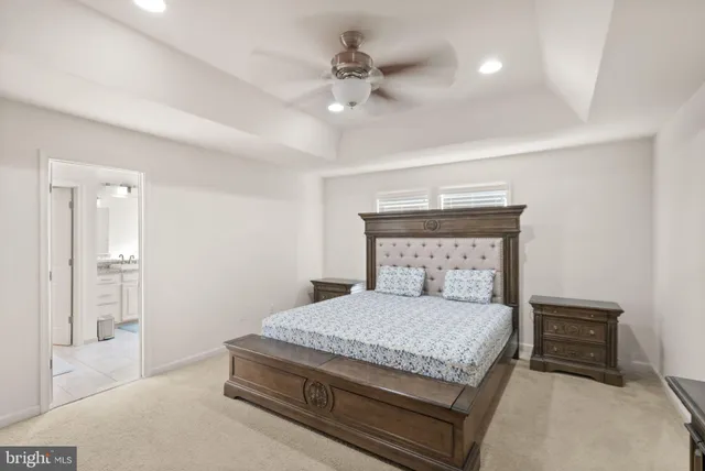 a bedroom with a bed a ceiling fan and a rug