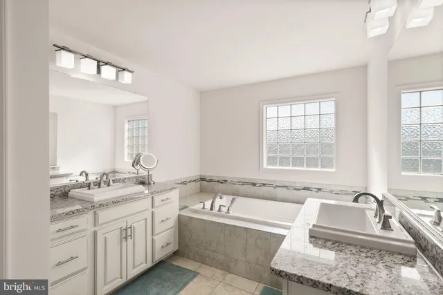 view of a bathroom with a tub sink and vanity