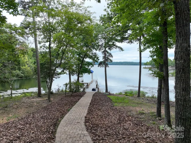 a view of a park with large trees