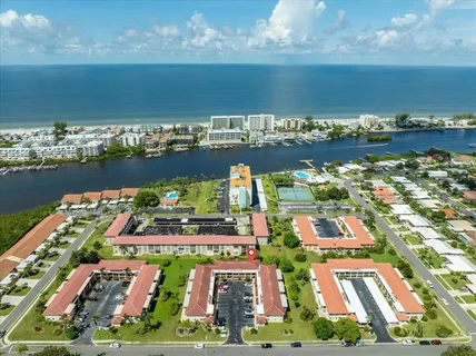 an aerial view of a city with seating area