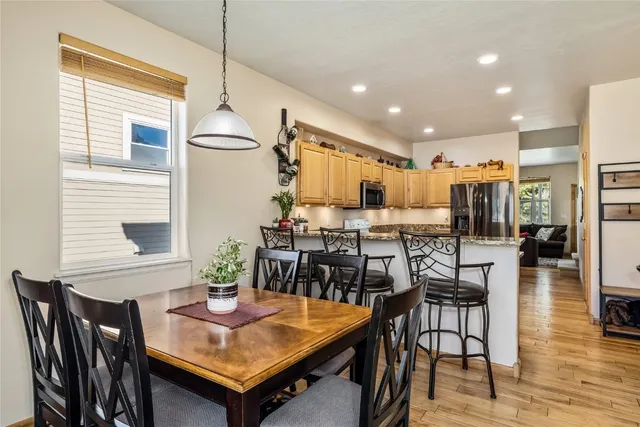 a view of a dining room with furniture