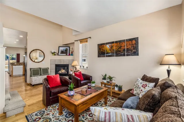 a living room with furniture a window and a fireplace