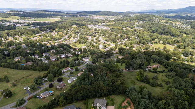 an aerial view of residential houses with outdoor space and trees