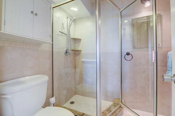 a bathroom with a shower and a toilet