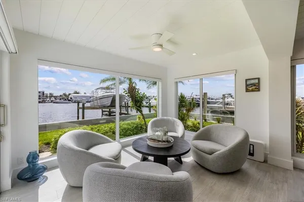 a living room with furniture and a floor to ceiling window