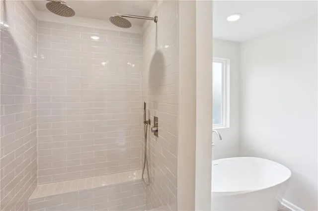 a bathroom with a shower and a toilet