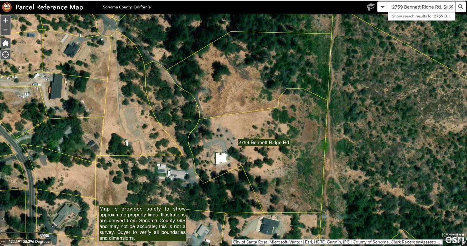 2759 Bennett Ridge Road Santa Rosa, CA 95404 - Photo 60 of 60 Map is provided solely to show approximate property lines. Illustrations are derived from Sonoma County GIS and may not be accurate; this is not a survey. Buyer to verify all boundaries and dimensions.