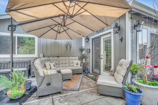 a building outdoor space with patio furniture