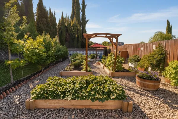 a view of a garden filled with lots of potted plants