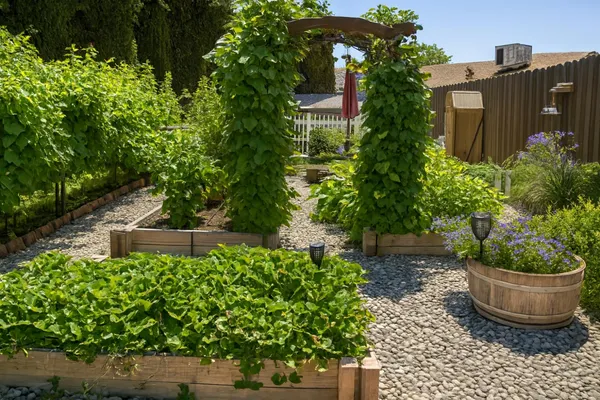 a view of a backyard with sitting area