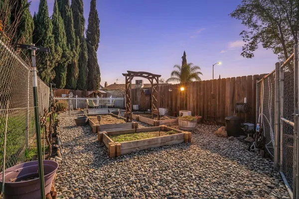 a view of a patio with chairs and a potted plant