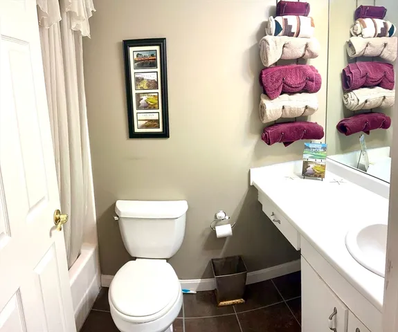 a bathroom with a sink a toilet and a shower curtain