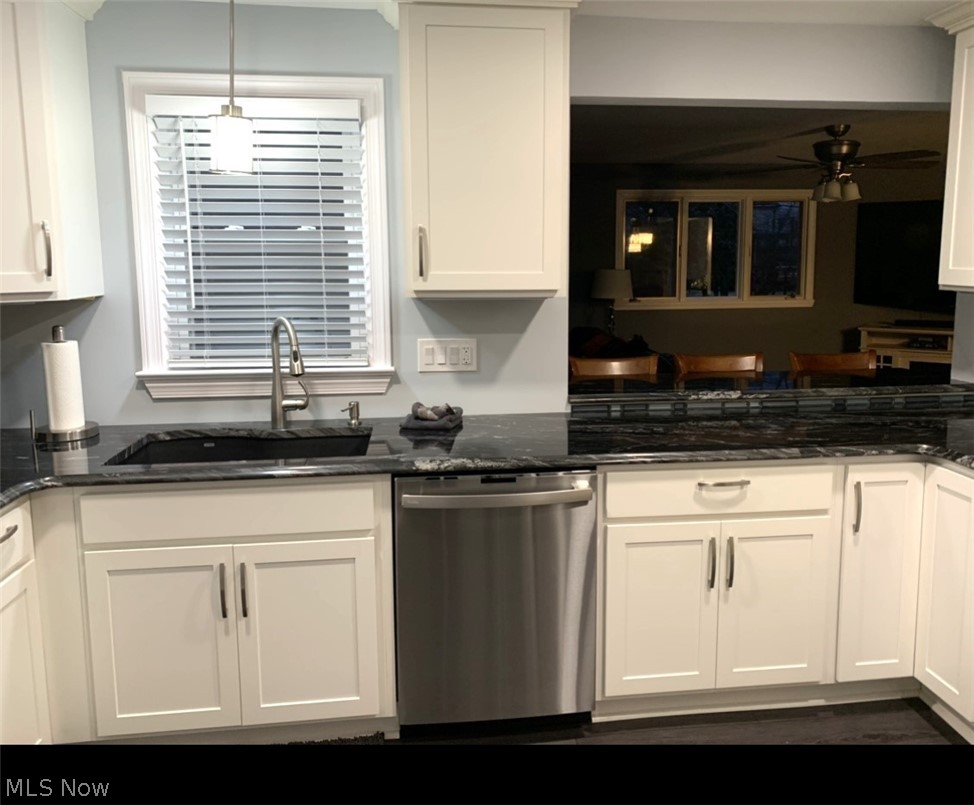 1112 Brainard Road Lyndhurst, OH 44124 - Photo 7 of 34 Kitchen featuring granite countertops, white cabinets, dishwasher, decorative light fixtures, and sink