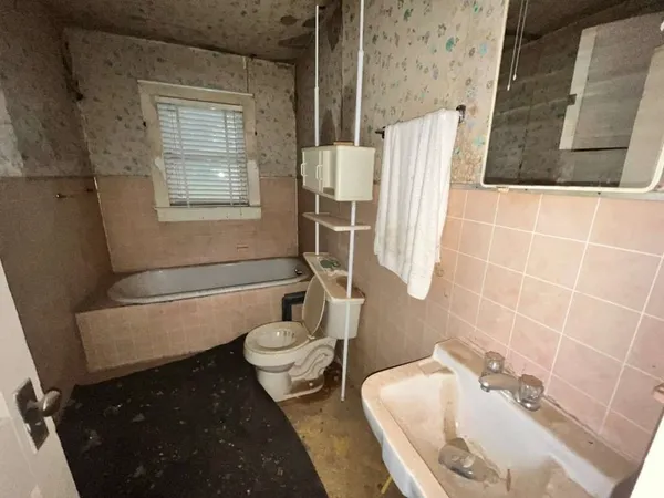 a view of a barn house with yard and a large tree