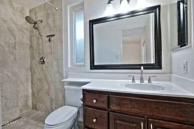 a bathroom with a sink a toilet a mirror and shower