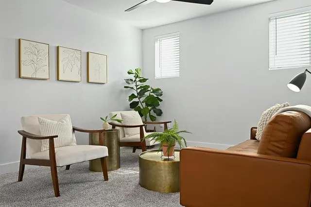 a living room with furniture and a potted plant